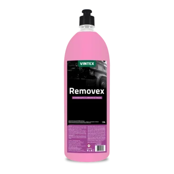 Pink bottle of VINTEX Removex degreaser and chassis cleaner with black label and pump cap.