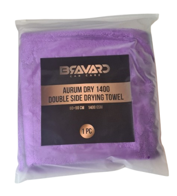 Purple Beavard Aurum Dry 1400 double‑sided car drying towel in sealed plastic packaging.