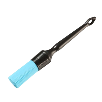 Paintbrush with blue bristles and a black handle used for painting surfaces.