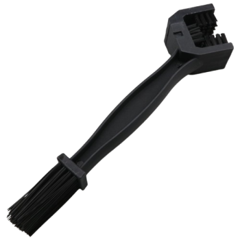 Dual-ended cleaning brush with bristle head on one end and a small scraper on the other end.