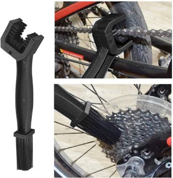 Bike chain cleaning tool with a detachable brush and braces, plus a rear-wheel-mounted chain cleaning attachment shown in use