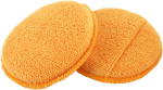 Two orange circular microfiber polishing pads overlapping, showing soft textured surface. - bravaro