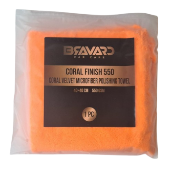 Orange coral microfiber polishing towel in plastic packaging, label reads coral finish 550, 40x40 cm, 550 gsm, 1 pc (bevard car care) - bravaro