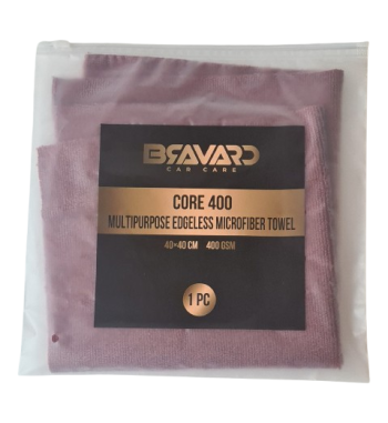 Pink microfiber towel in clear package with black-and-gold Bravard Car Care Core 400 label; description reads 'multipurpose edgeless microfiber towel, 40x40 cm, 400 GSM, 1 pc'
