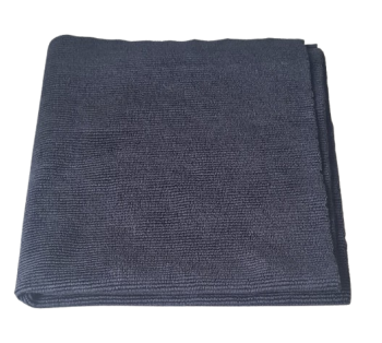 Folded navy blue blanket on a white background, neatly folded into a square shape