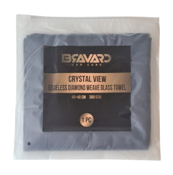 Blue edgeless diamond-weave glass towel in sealed plastic packaging; label shows 'Crystal View' and 'Edgeless Diamond Weave Glass Towel', size 40x40 cm, 300 GSM, 1 PC (Bevard Car Care).