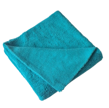 Teal microfiber towel folded neatly with a corner tucked in