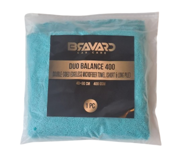 Teal microfiber car-cleaning towel in clear plastic packaging; label reads Duo Balance 400, 40×60 cm, 400 GSM, 1 piece.