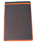 Black textured wallet with orange stitched border; slim card holder style. - bravaro