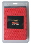 Red microfiber clay mitt in clear plastic packaging with beavard magic clay mitt label on the front - bravaro