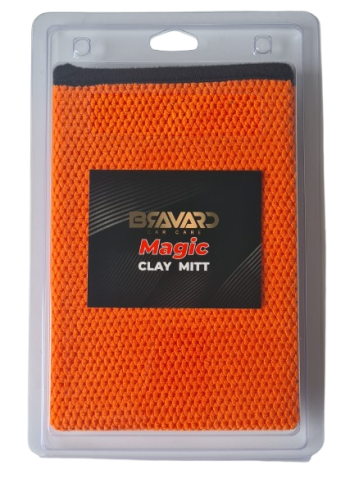 Orange bravard magic clay mitt in clear plastic packaging with black label reading 'bravard magic clay mitt'. ] , - bravaro