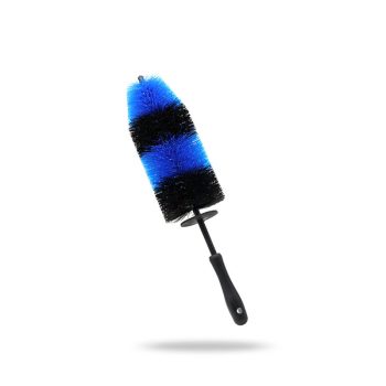 Bottle brush with blue and black striped bristles and a black handle, against a white background.