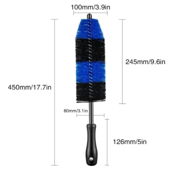 Blue and black cylindrical brush on a metal shaft with a black handle; dimensions labeled (450 mm overall, 245 mm brush).